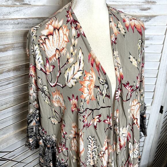 ANGIE Women's Sm Open Front Kimono Top Floral Ruffle Tim Taupe Coral Oversized - Picture 9 of 16